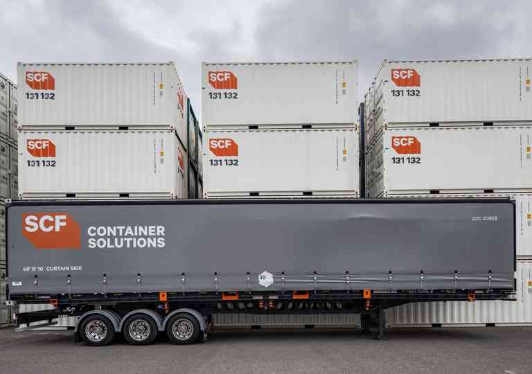 SCF Tautliner container on an SCF Skel