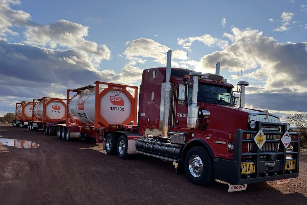 SCF ISO Tanks on a road train on the way to a project site