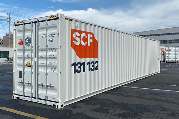 An SCF 40ft High Cube container in a yard.