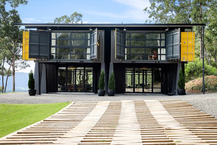 Shipping Containers placed on footings and welded together. Source: AirBnB, New South Wales, Australia.