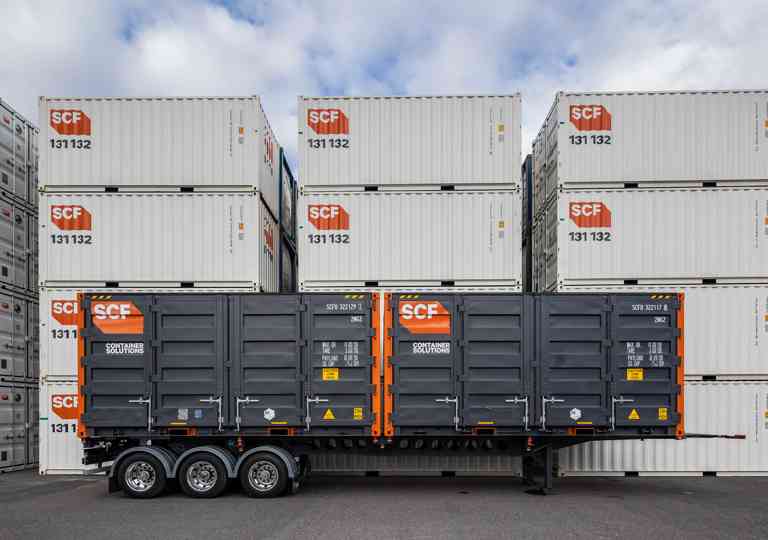 Two SCF 20ft Side Door Containers on an SCF Skel